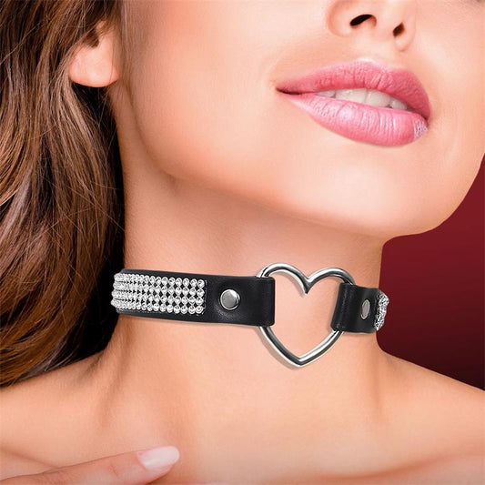 CINDERELLA COLLAR WITH HEART AND RHINESTONES CHOKER STYLE VEGAN LEATHER ONE SIZE