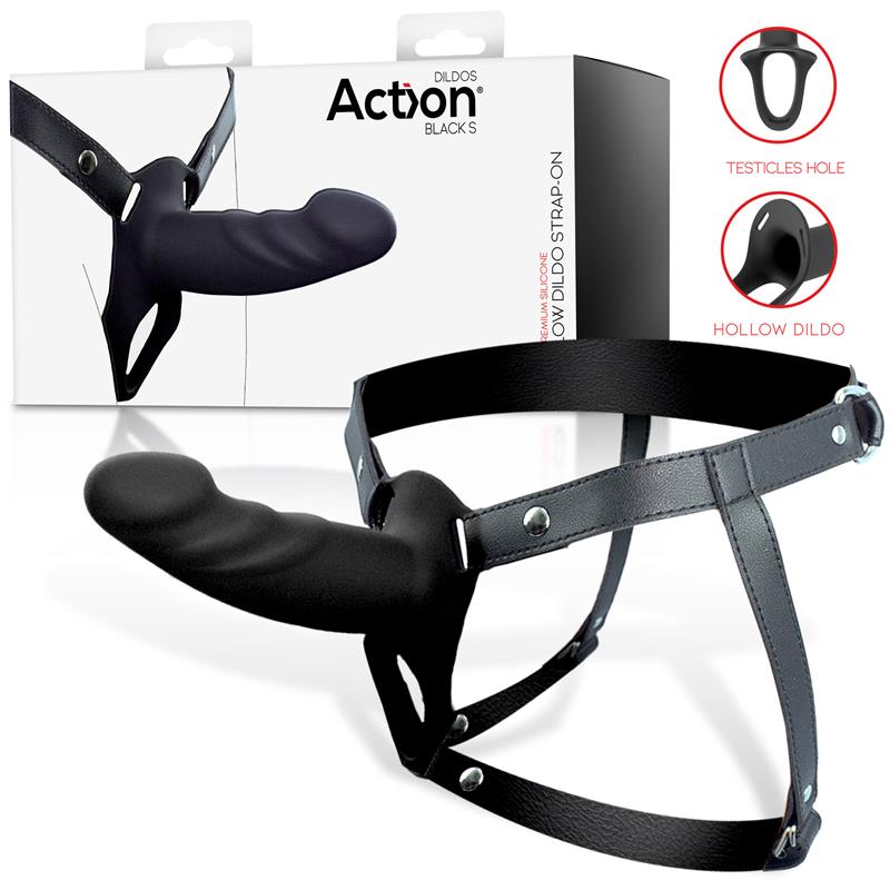 ACTION STRAP-ON WITH HOLLOW DILDO PREMIUM SILICONE SIZE S BLACK