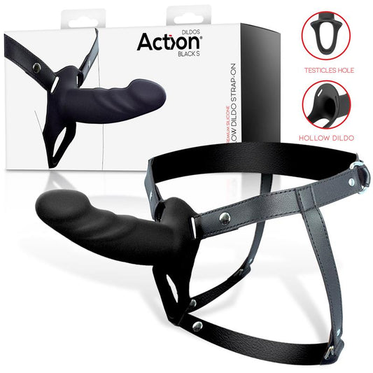 ACTION STRAP-ON WITH HOLLOW DILDO PREMIUM SILICONE SIZE S BLACK