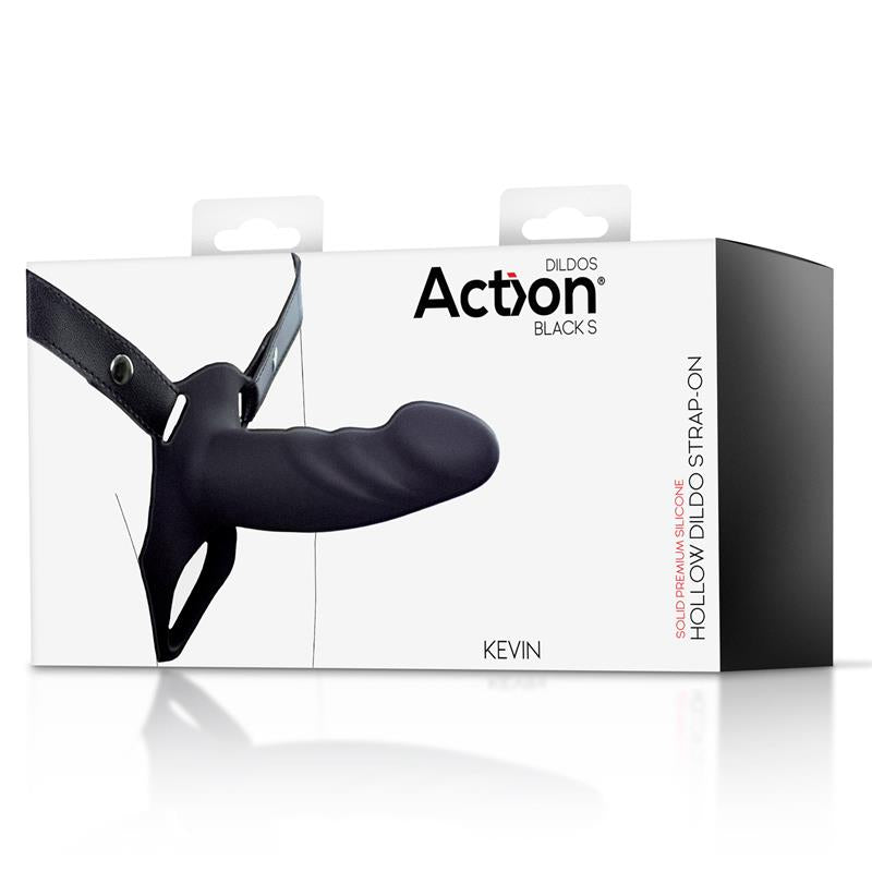 ACTION STRAP-ON WITH HOLLOW DILDO PREMIUM SILICONE SIZE S BLACK