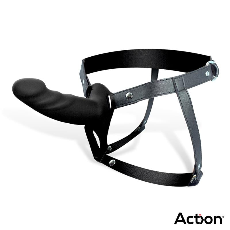 ACTION STRAP-ON WITH HOLLOW DILDO PREMIUM SILICONE SIZE S BLACK